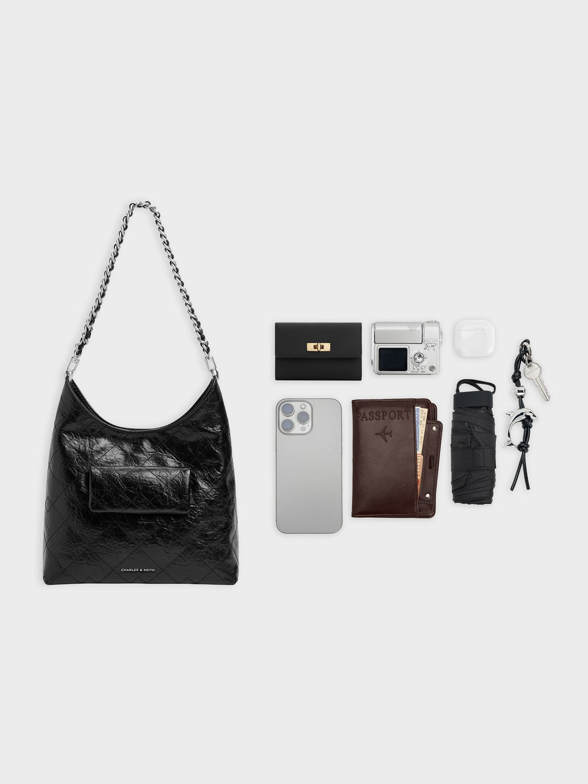 CHARLES & KEITH Trusted | Duo Quilted Front-Pocket Chain Hobo Bag - Noir