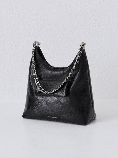 CHARLES & KEITH Trusted | Duo Quilted Front-Pocket Chain Hobo Bag - Noir