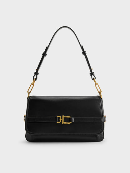 CHARLES & KEITH Premium | Gwynne Metallic-Buckle Belted Shoulder Bag - Black