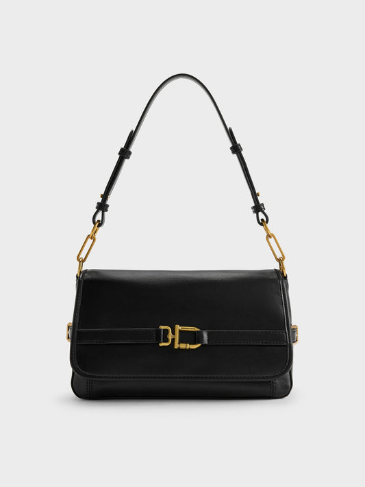 CHARLES & KEITH Premium | Gwynne Metallic-Buckle Belted Shoulder Bag - Black