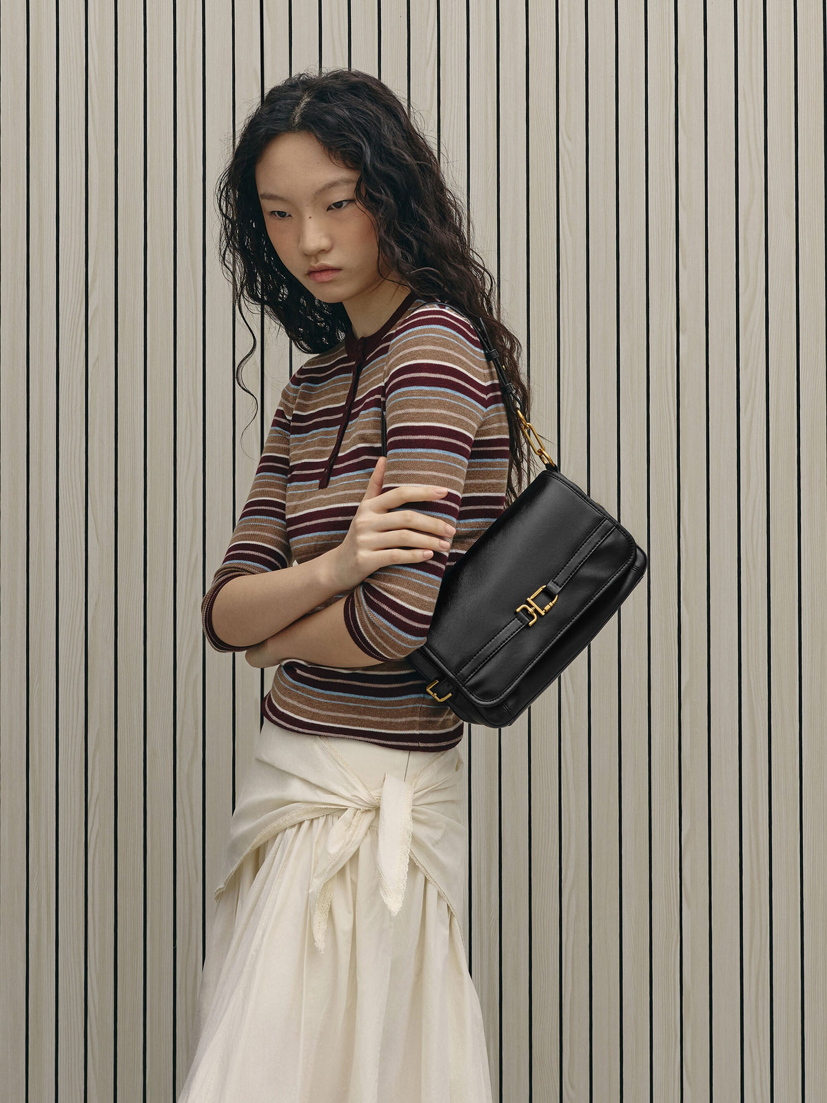 CHARLES & KEITH Premium | Gwynne Metallic-Buckle Belted Shoulder Bag - Black