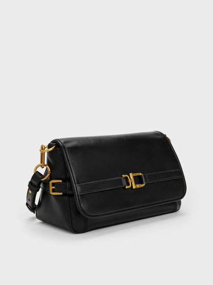 CHARLES & KEITH Premium | Gwynne Metallic-Buckle Belted Shoulder Bag - Black