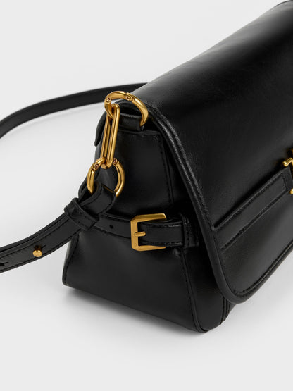CHARLES & KEITH Premium | Gwynne Metallic-Buckle Belted Shoulder Bag - Black