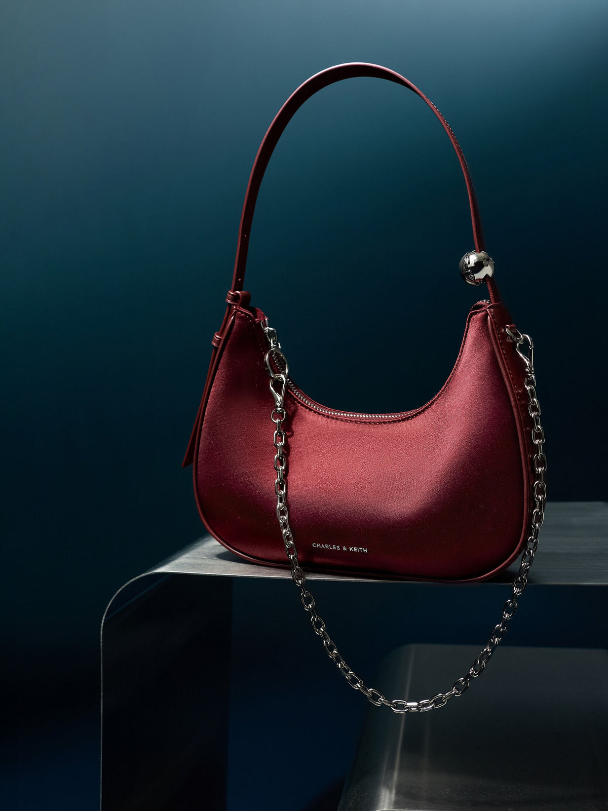 CHARLES & KEITH Recommended | Jesmyn Satin Chain Two-Way Bag - Burgundy