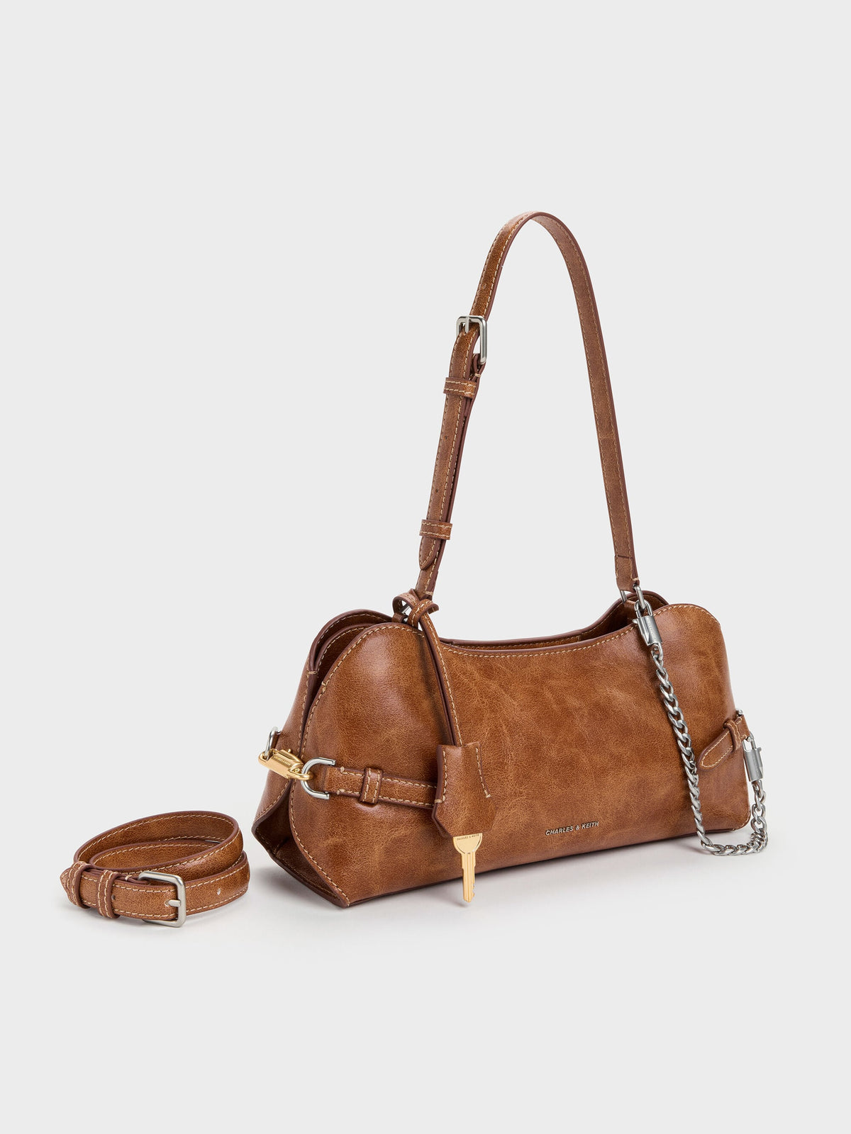 CHARLES & KEITH Sale | Delfina Chain Side-Belt Shoulder Bag - Distressed Tan