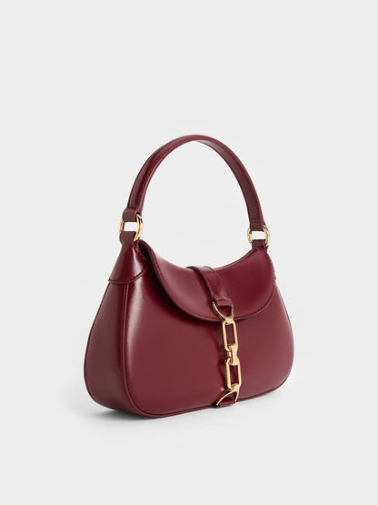 CHARLES & KEITH Exclusive | Agatha Chain-Accent Hobo Bag - Burgundy