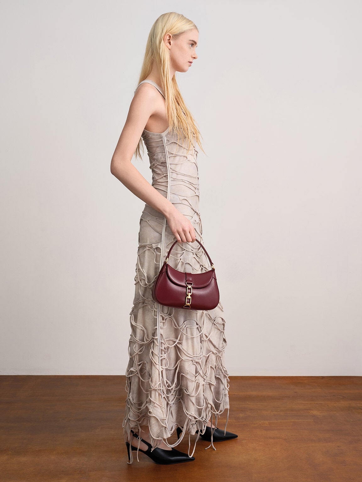 CHARLES & KEITH Exclusive | Agatha Chain-Accent Hobo Bag - Burgundy