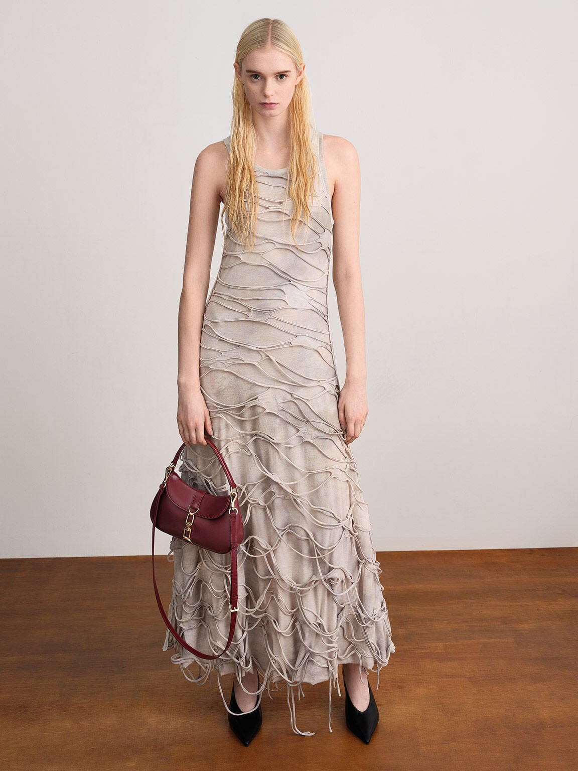 CHARLES & KEITH Exclusive | Agatha Chain-Accent Hobo Bag - Burgundy