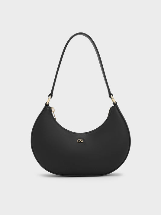 CHARLES & KEITH Signature | Leather Crescent Hobo Bag - Black