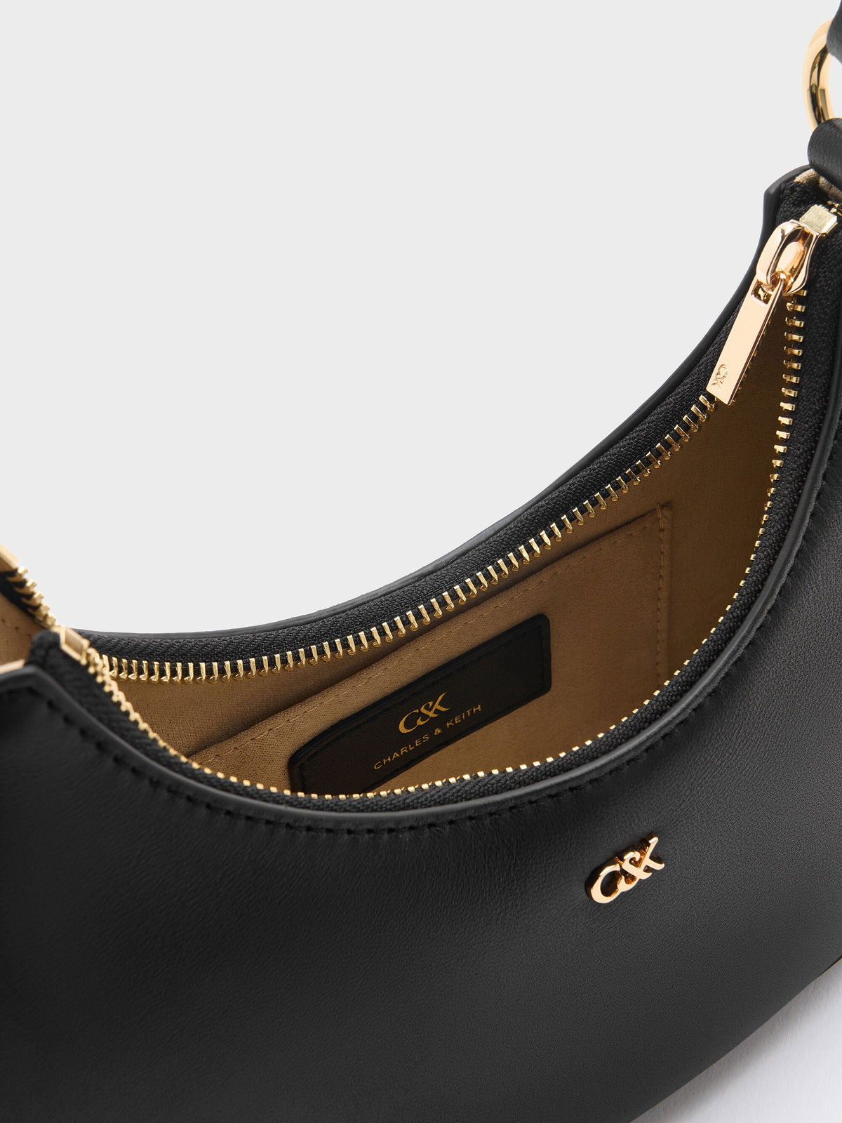 CHARLES & KEITH Signature | Leather Crescent Hobo Bag - Black