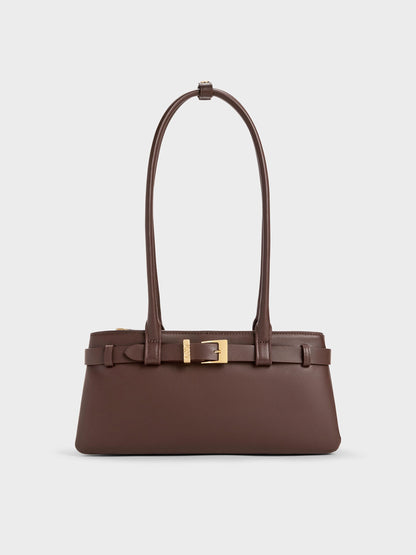 CHARLES & KEITH New | Jody Leather Belted Shoulder Bag - Dark Brown