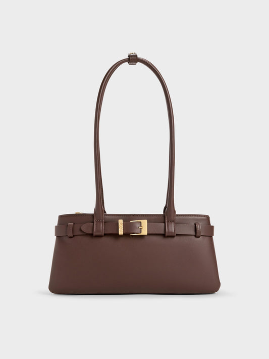 CHARLES & KEITH New | Jody Leather Belted Shoulder Bag - Dark Brown