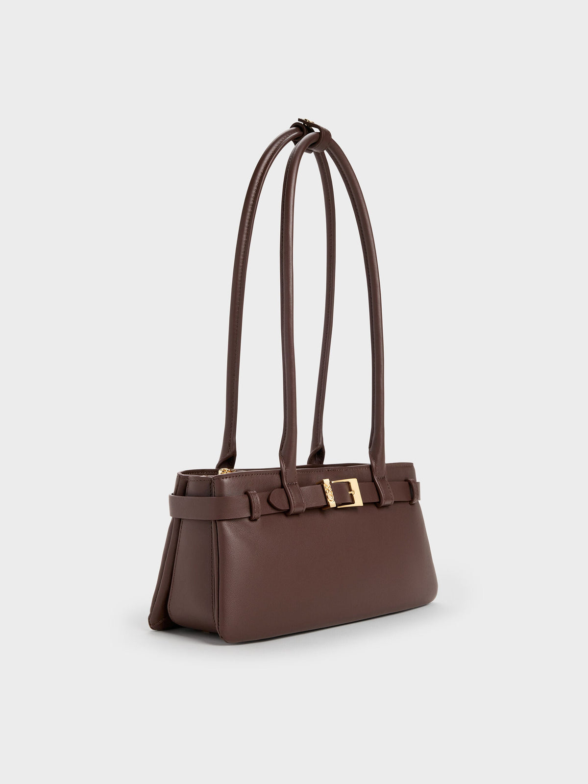 CHARLES & KEITH New | Jody Leather Belted Shoulder Bag - Dark Brown