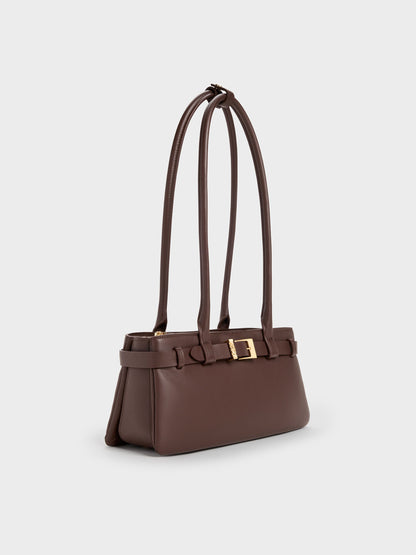 CHARLES & KEITH New | Jody Leather Belted Shoulder Bag - Dark Brown