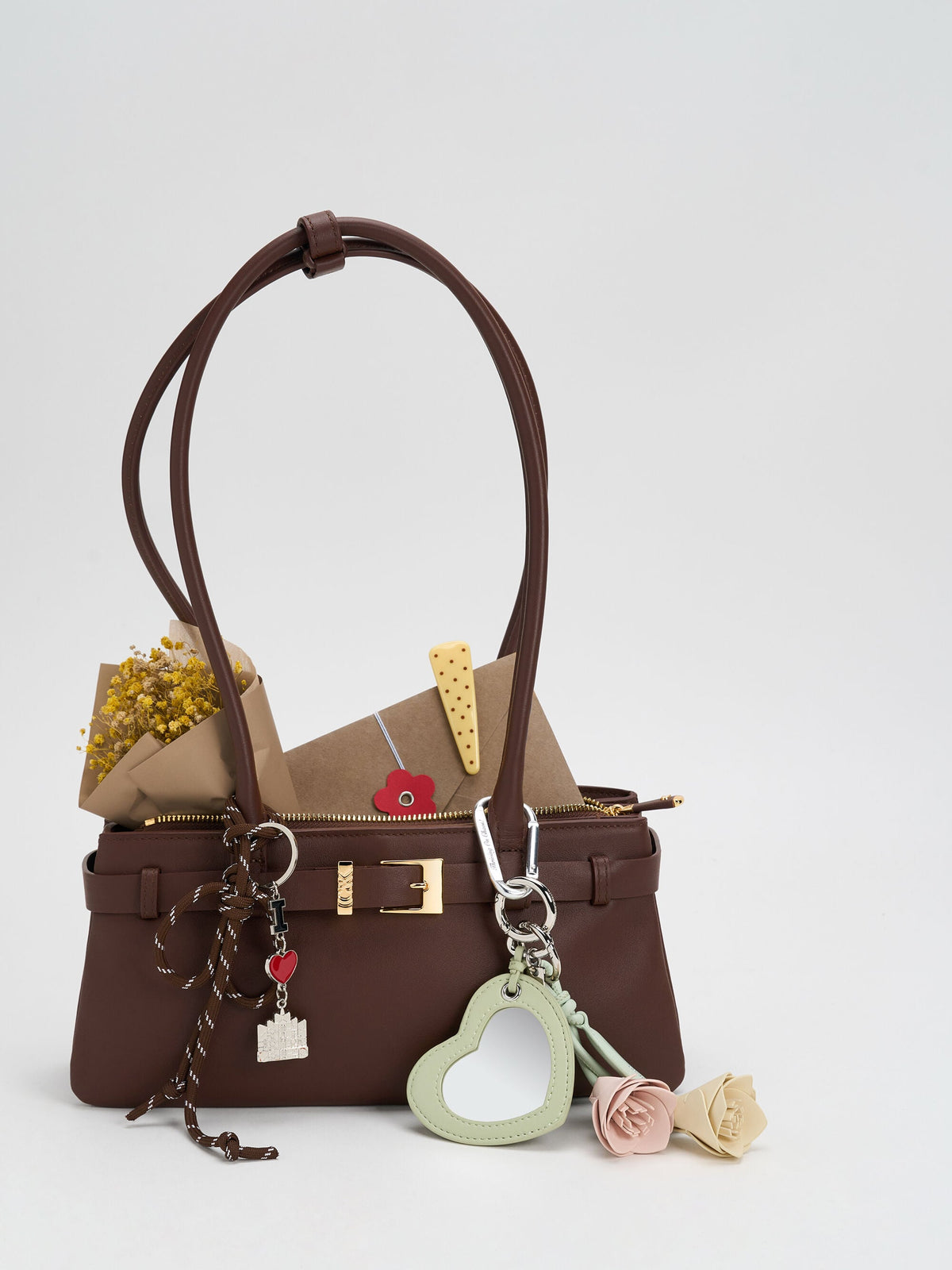 CHARLES & KEITH New | Jody Leather Belted Shoulder Bag - Dark Brown