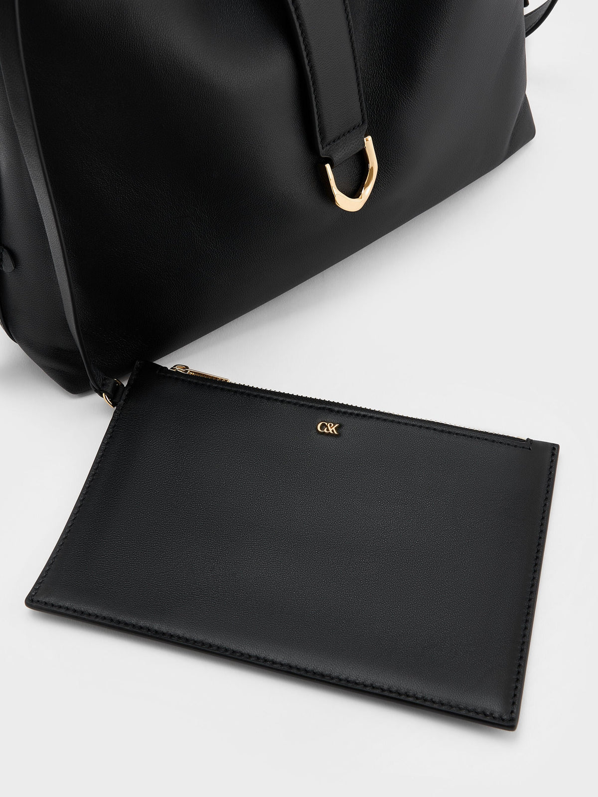 CHARLES & KEITH Recommended | Gabine Leather Belted Hobo Bag - Black