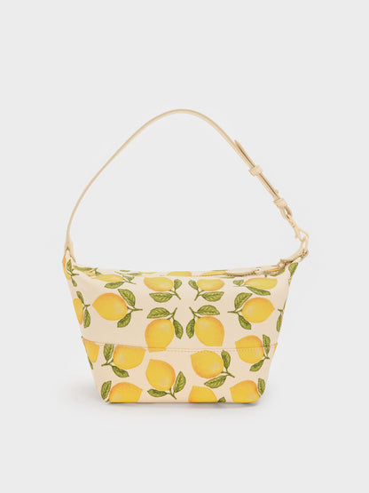 CHARLES & KEITH Classic | Amity Canvas Lemon-Print Hobo Bag - Butter Yellow