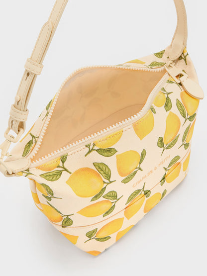CHARLES & KEITH Classic | Amity Canvas Lemon-Print Hobo Bag - Butter Yellow