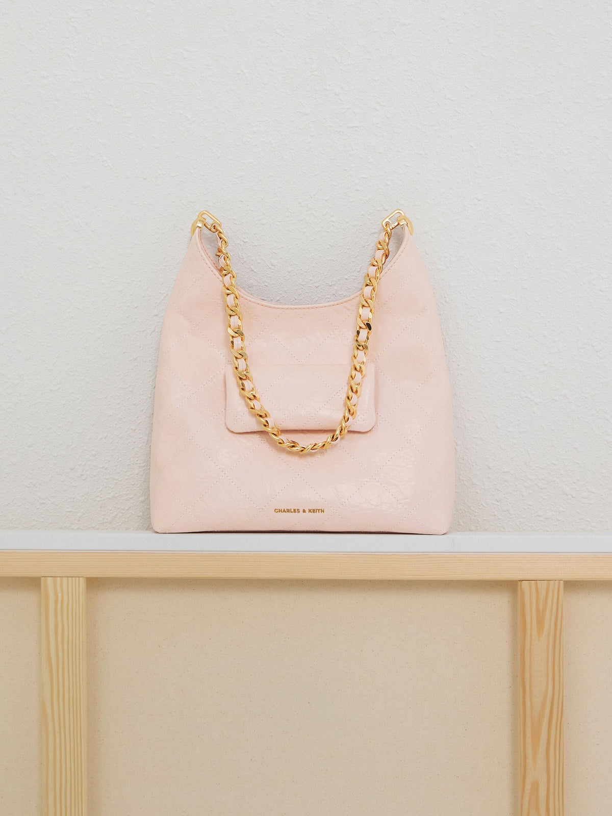CHARLES & KEITH Trending | Duo Quilted Front-Pocket Chain Hobo Bag - Soft Pink