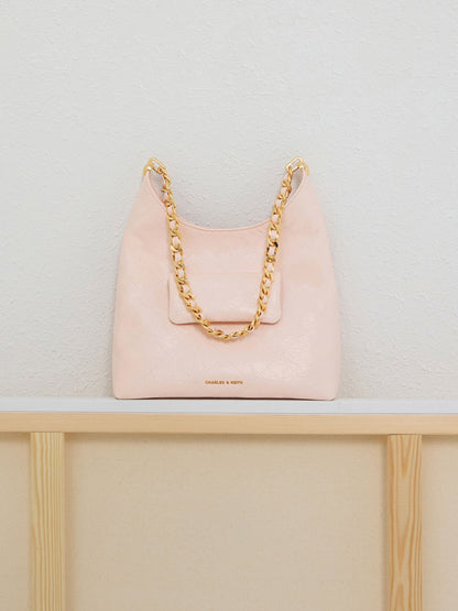 CHARLES & KEITH Trending | Duo Quilted Front-Pocket Chain Hobo Bag - Soft Pink