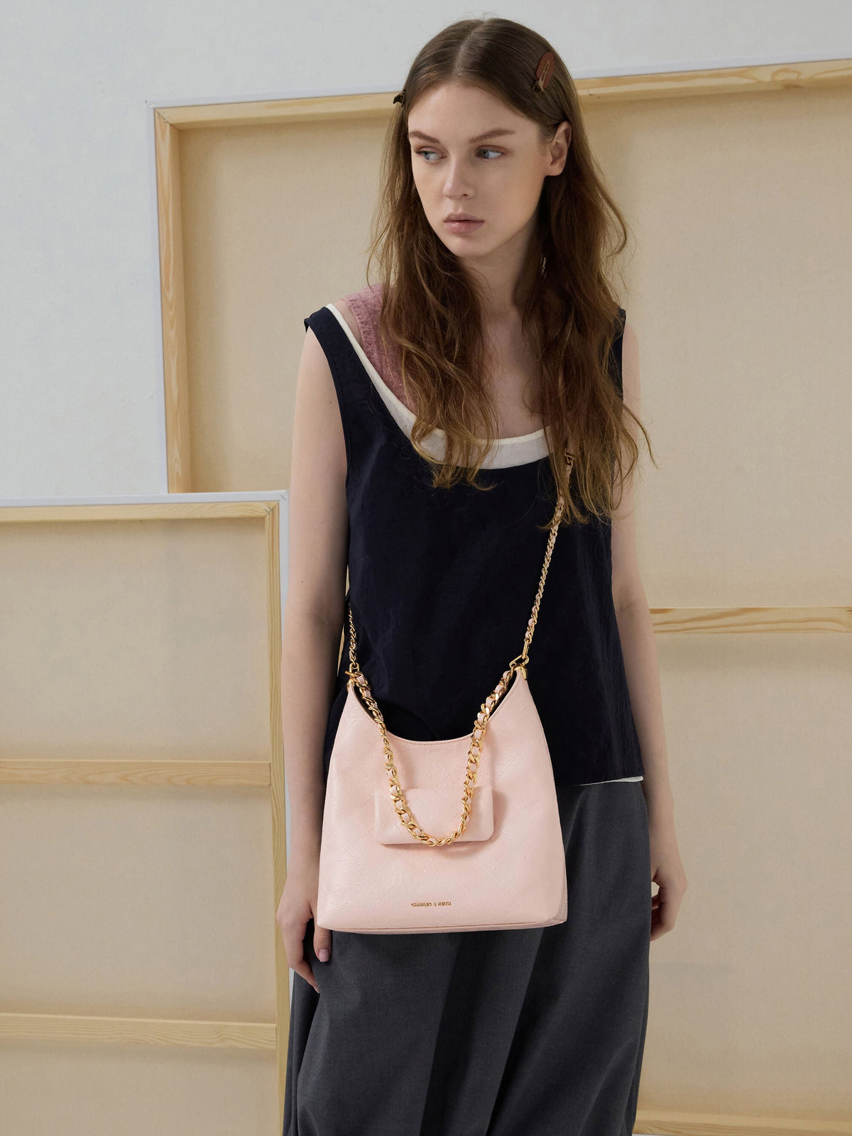 CHARLES & KEITH Trending | Duo Quilted Front-Pocket Chain Hobo Bag - Soft Pink