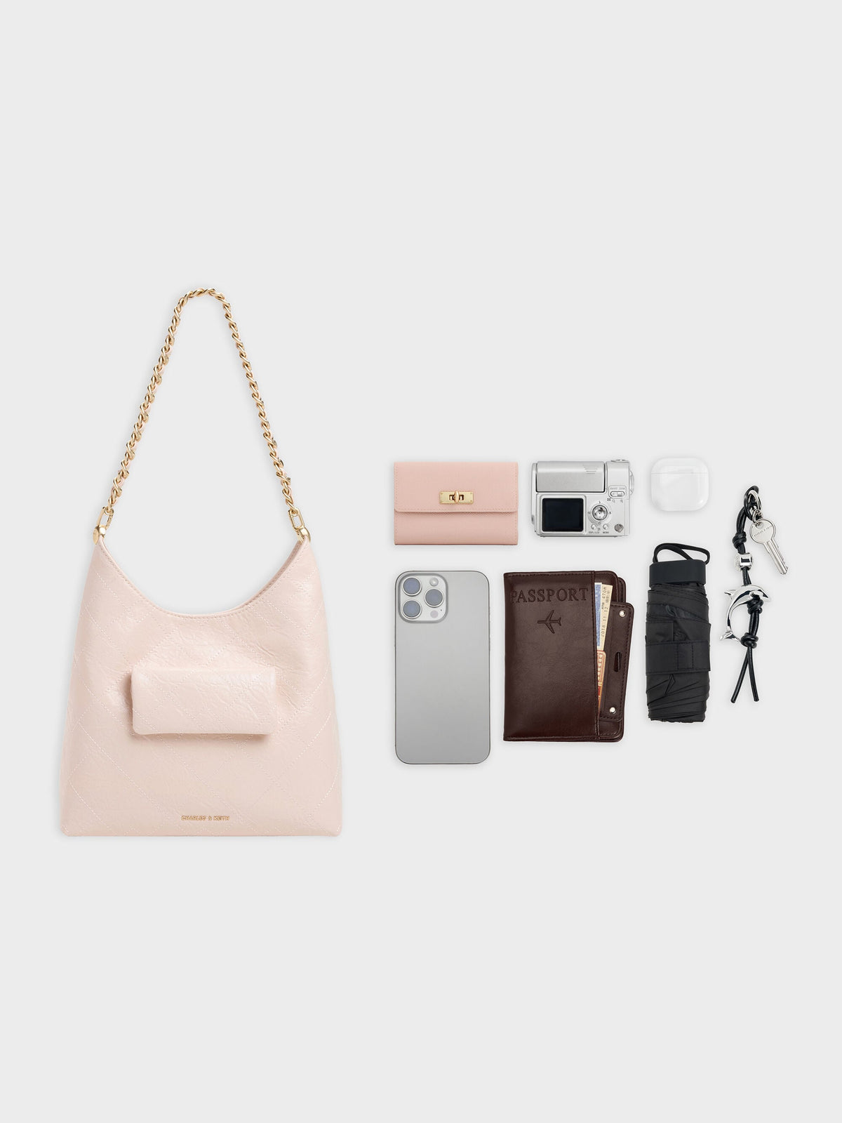 CHARLES & KEITH Trending | Duo Quilted Front-Pocket Chain Hobo Bag - Soft Pink