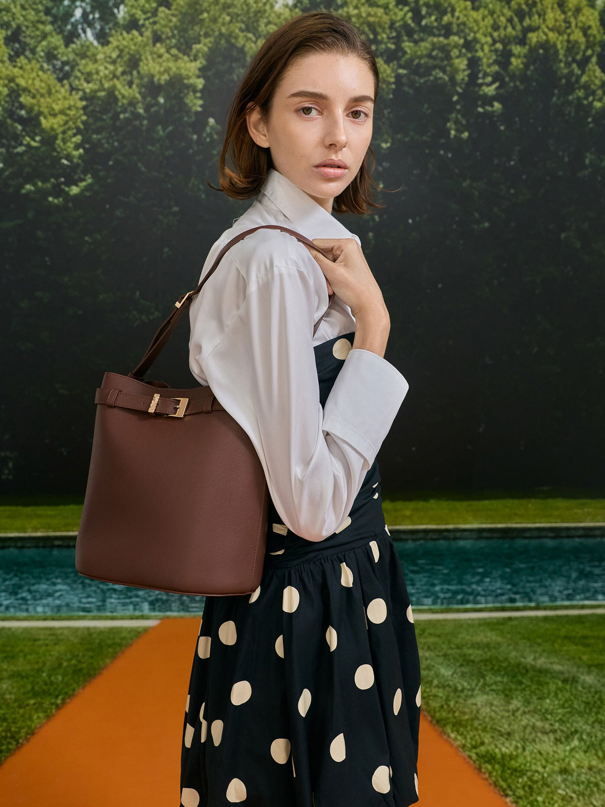 CHARLES & KEITH Essential | Jody Leather Belted Bucket Bag - Brown