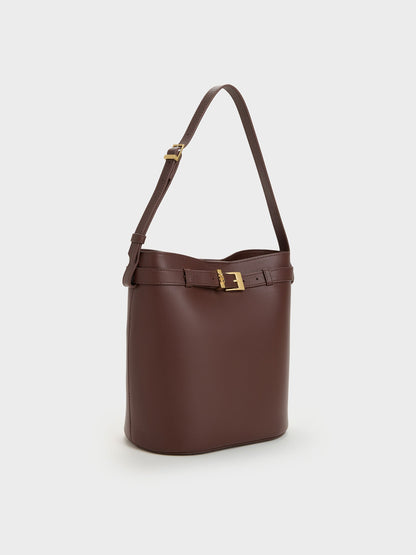 CHARLES & KEITH Essential | Jody Leather Belted Bucket Bag - Brown