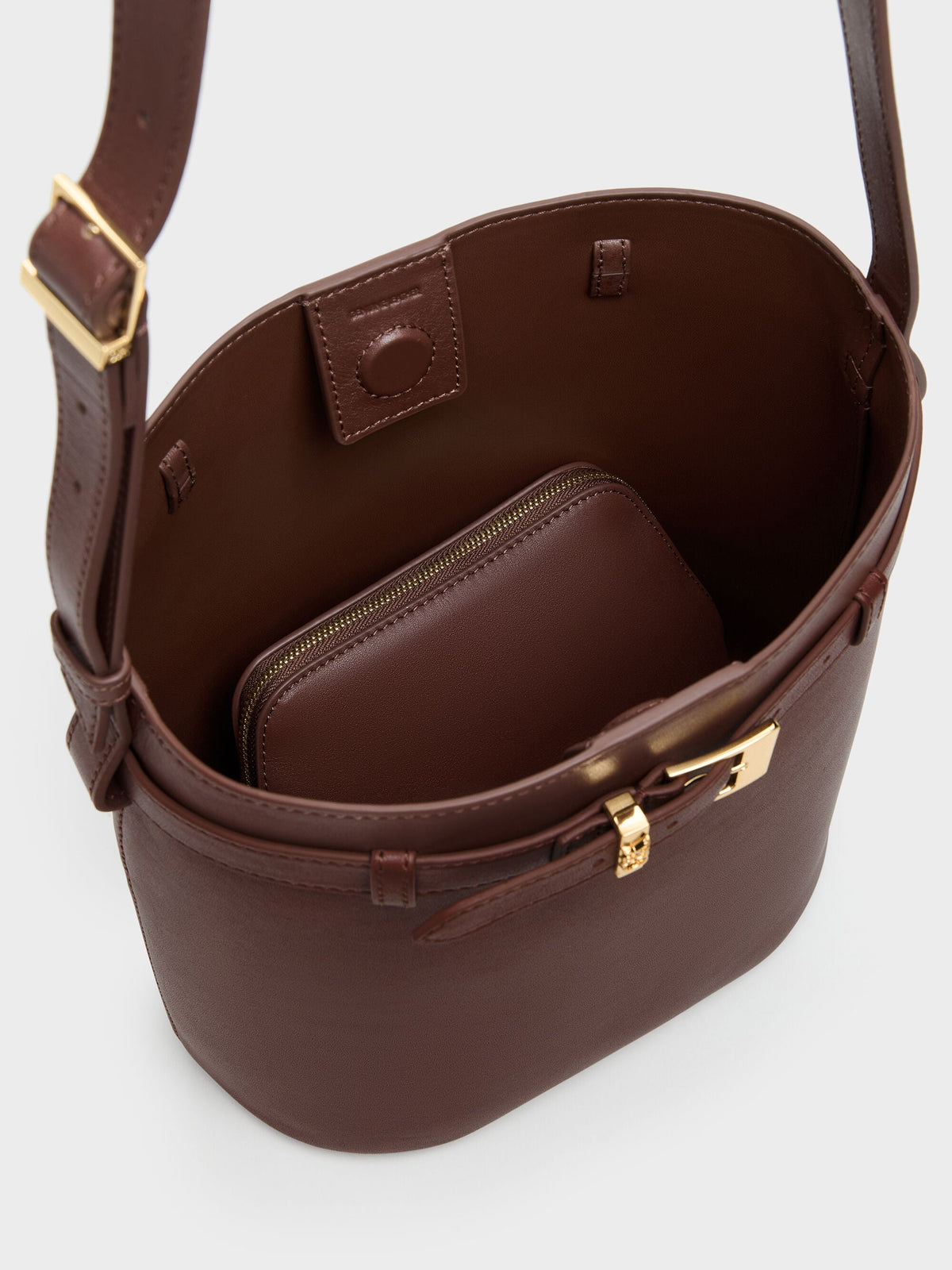 CHARLES & KEITH Essential | Jody Leather Belted Bucket Bag - Brown