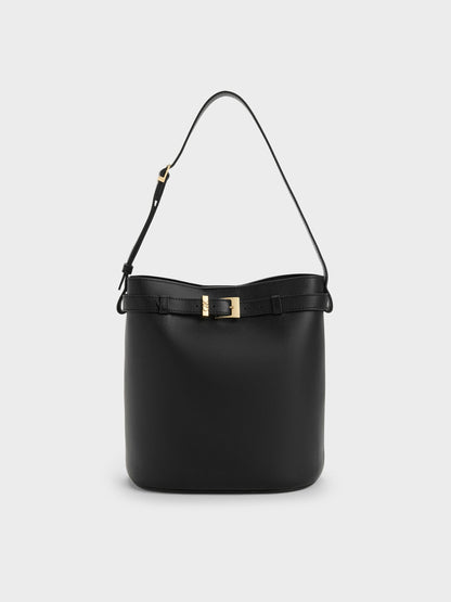 CHARLES & KEITH Trusted | Jody Leather Belted Bucket Bag - Black
