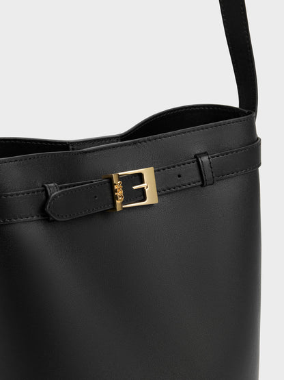 CHARLES & KEITH Trusted | Jody Leather Belted Bucket Bag - Black