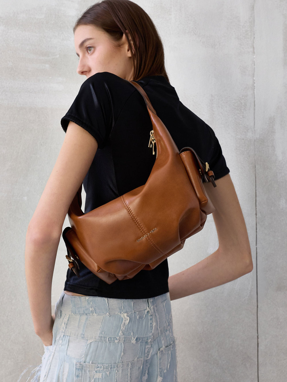CHARLES & KEITH Deals | Bessie Side-Pocket Hobo Bag - Distressed Tan