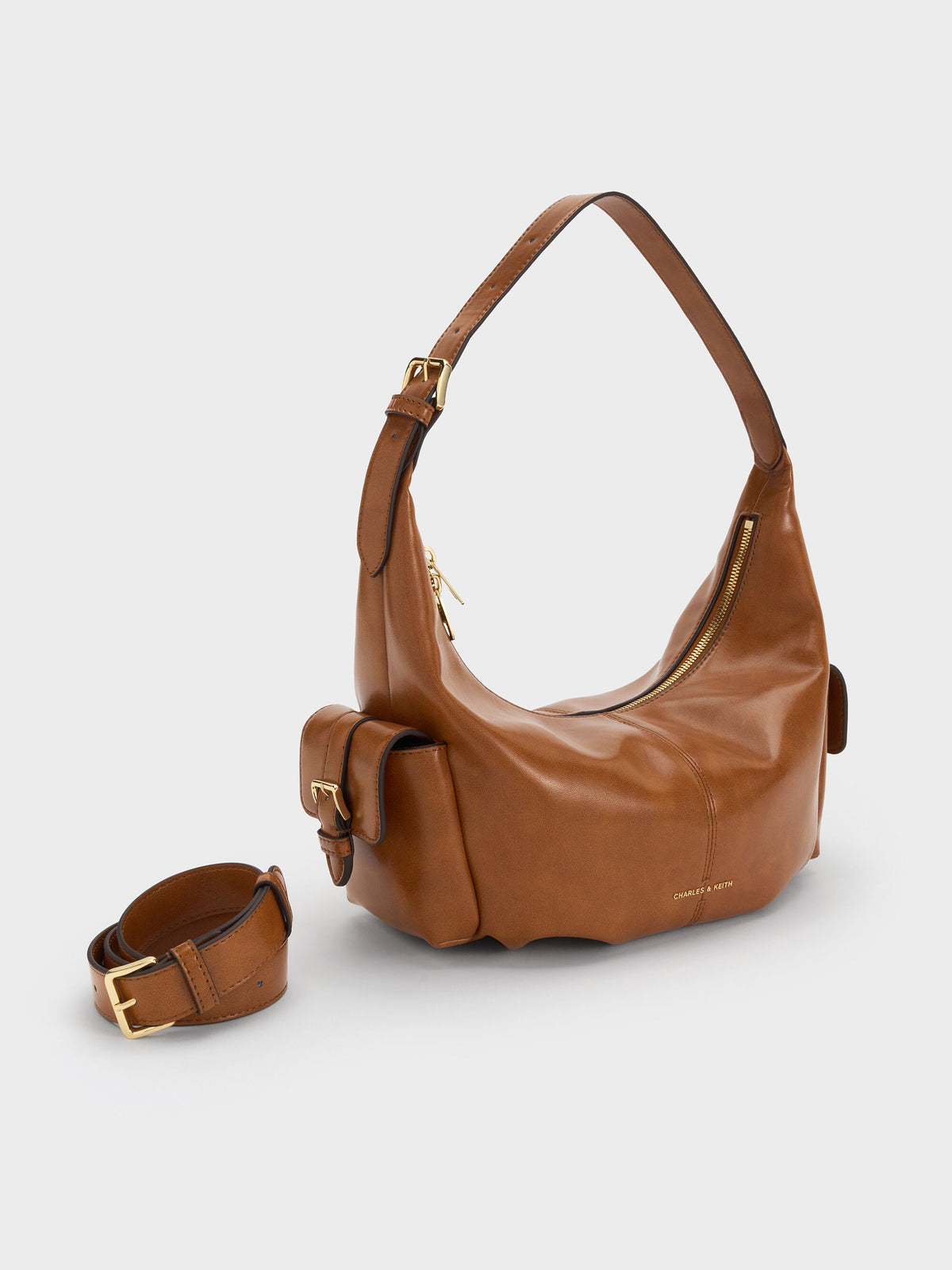 CHARLES & KEITH Deals | Bessie Side-Pocket Hobo Bag - Distressed Tan