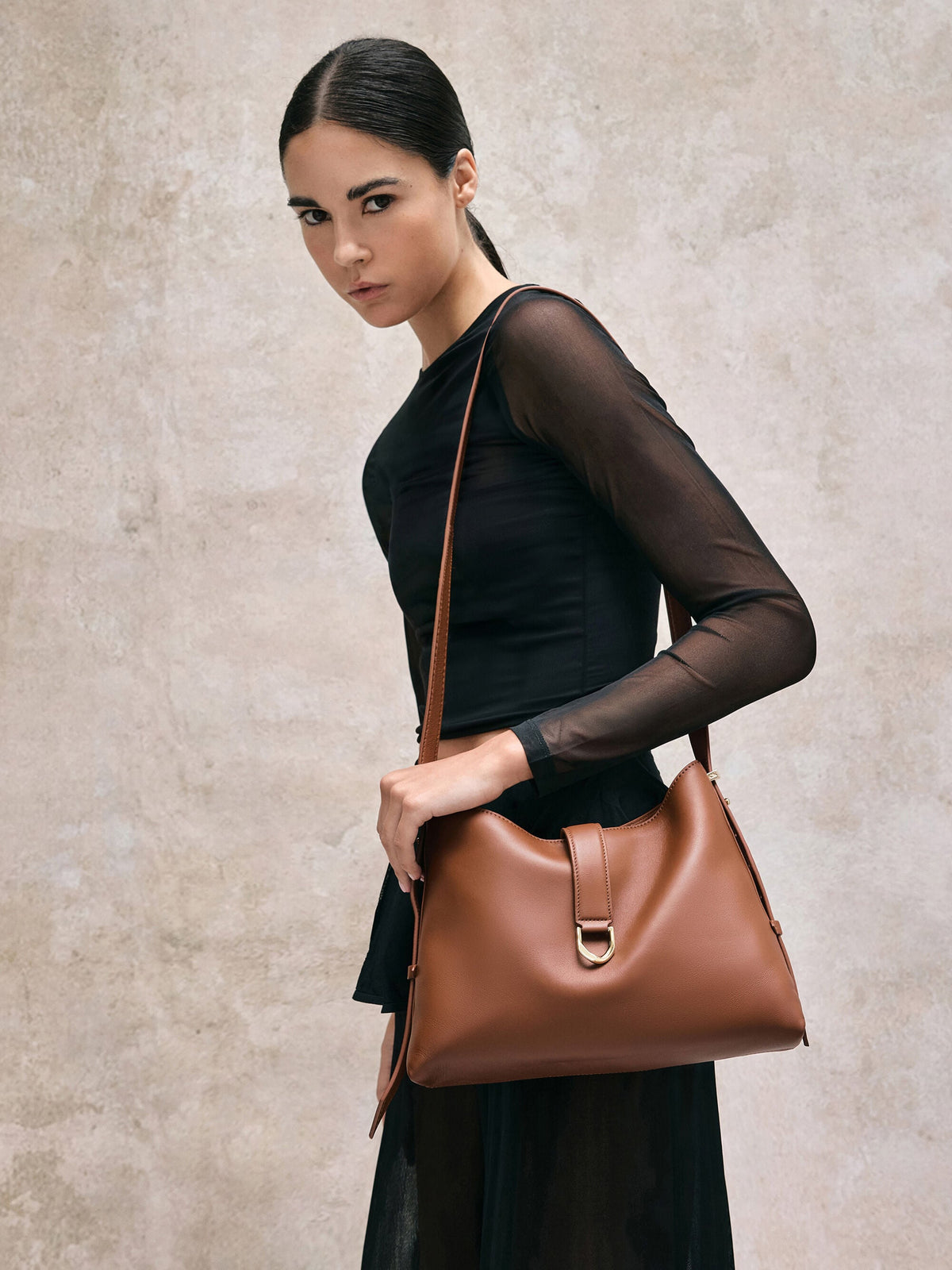 CHARLES & KEITH Quality | Gabine Leather Belted Hobo Bag - Chocolate