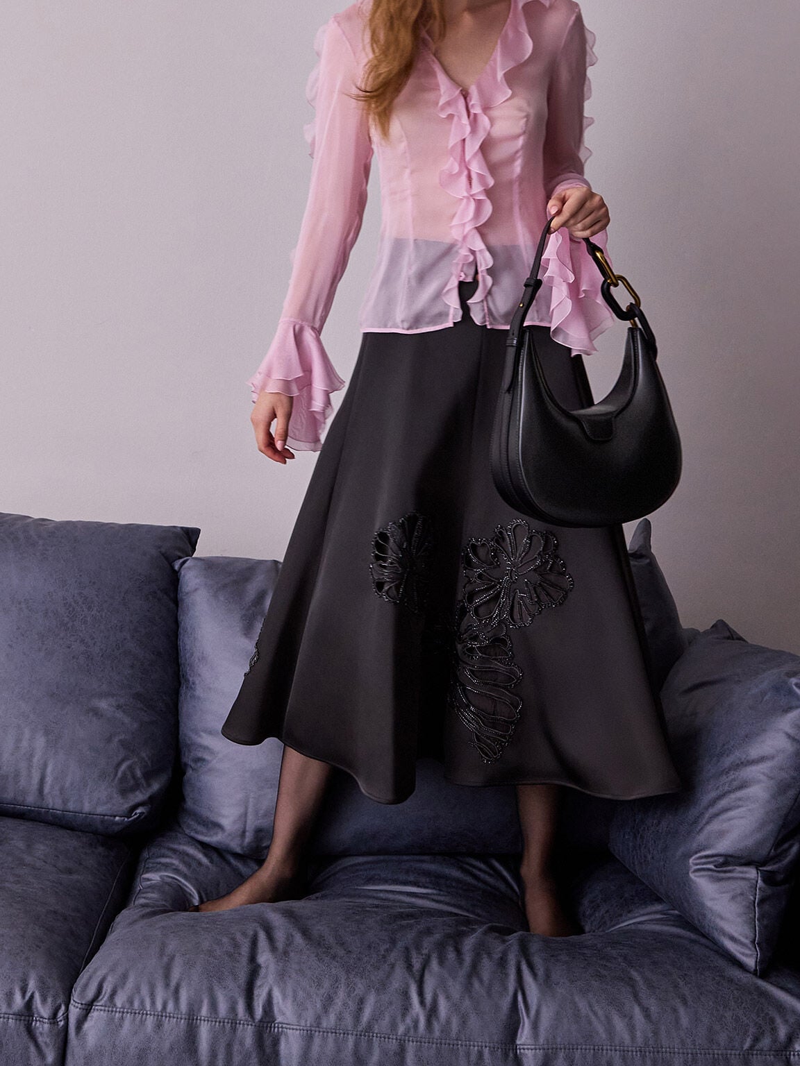 CHARLES & KEITH Top Pick | Kora Metallic-Accent Moon Bag - Black