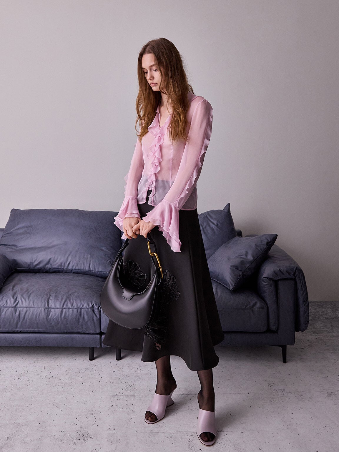 CHARLES & KEITH Top Pick | Kora Metallic-Accent Moon Bag - Black
