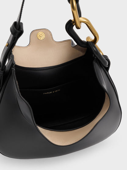 CHARLES & KEITH Top Pick | Kora Metallic-Accent Moon Bag - Black