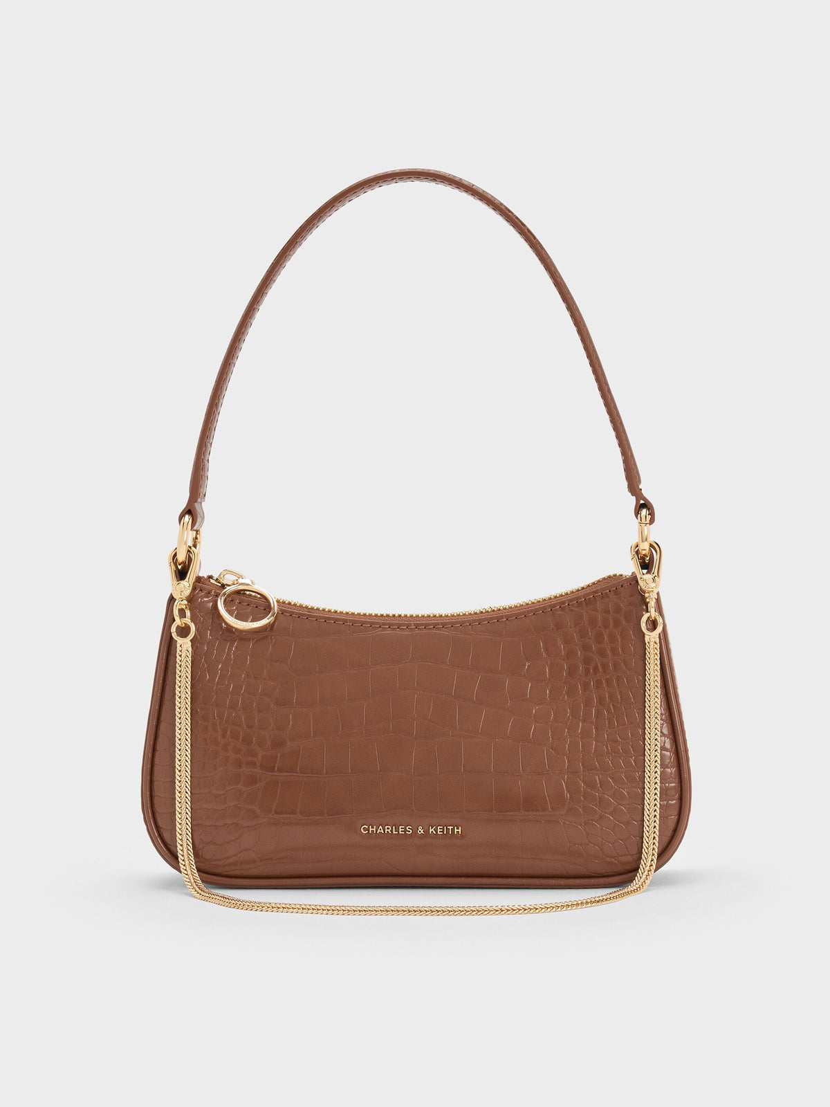 CHARLES & KEITH Value | Elspeth Croc-Effect Shoulder Bag - Chocolate Croco