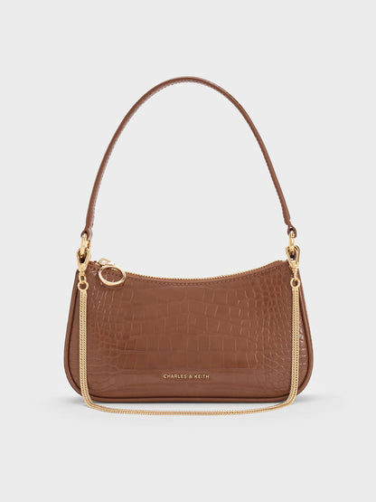 CHARLES & KEITH Value | Elspeth Croc-Effect Shoulder Bag - Chocolate Croco
