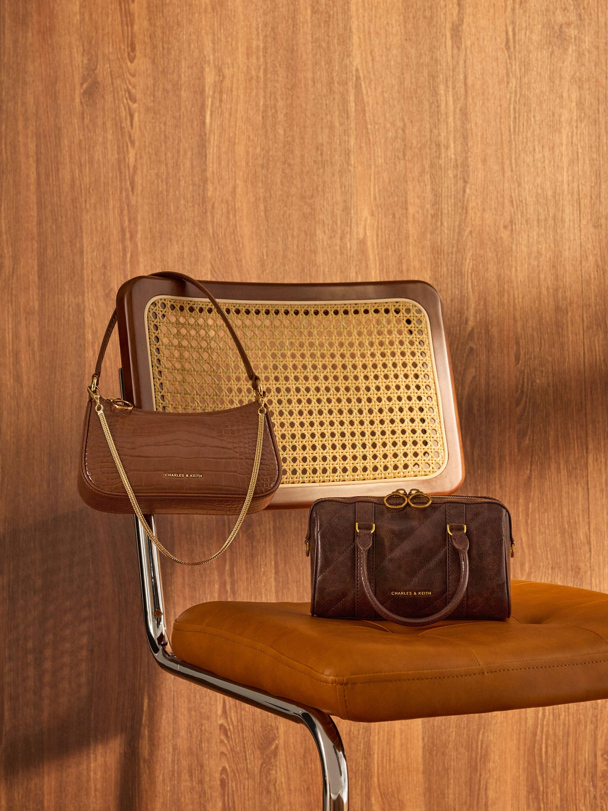 CHARLES & KEITH Value | Elspeth Croc-Effect Shoulder Bag - Chocolate Croco