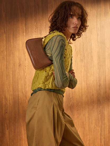 CHARLES & KEITH Value | Elspeth Croc-Effect Shoulder Bag - Chocolate Croco