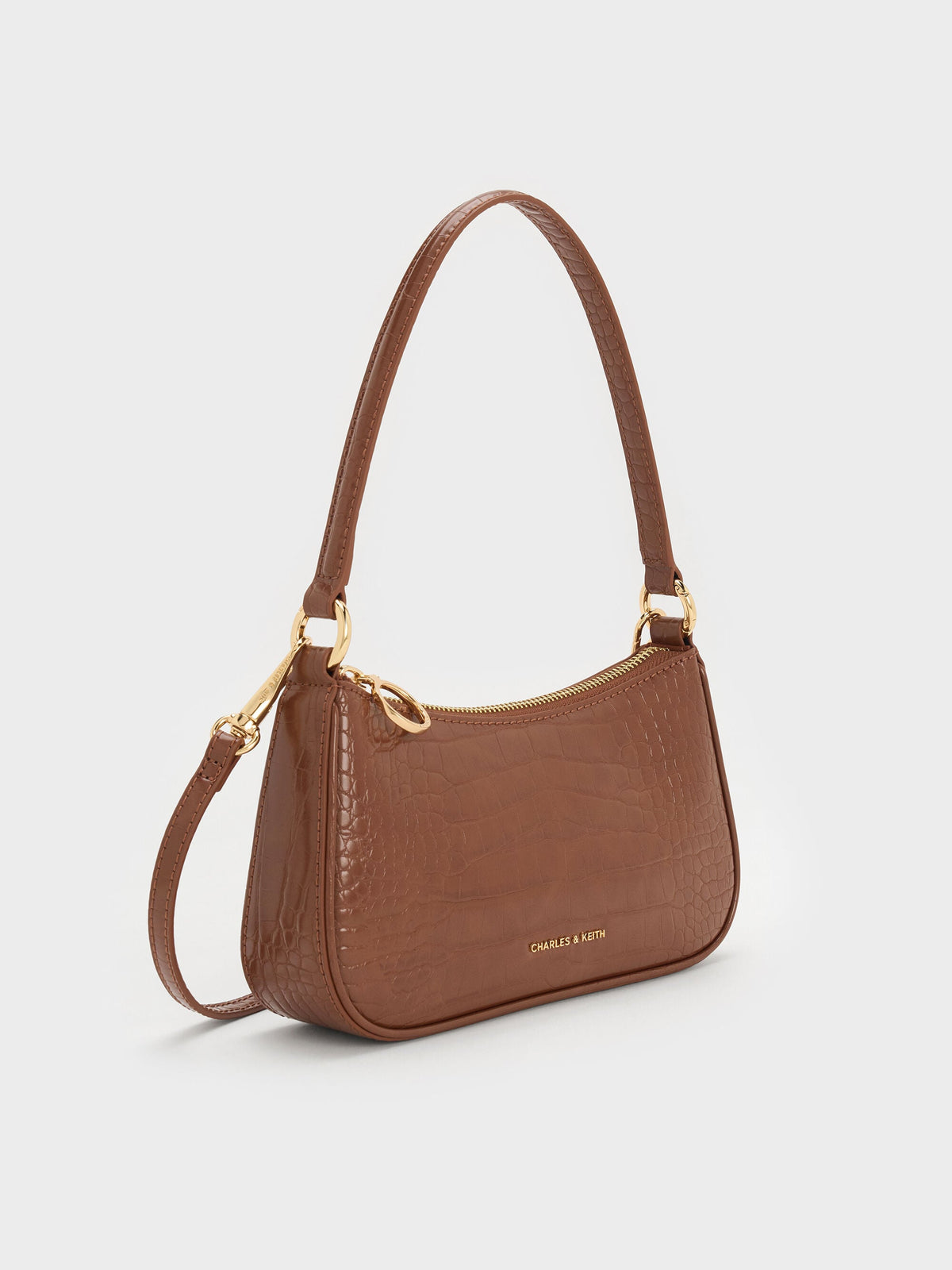 CHARLES & KEITH Value | Elspeth Croc-Effect Shoulder Bag - Chocolate Croco