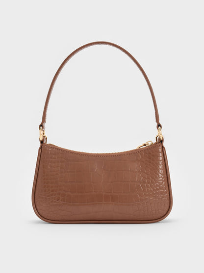 CHARLES & KEITH Value | Elspeth Croc-Effect Shoulder Bag - Chocolate Croco
