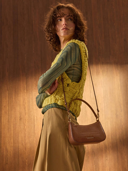 CHARLES & KEITH Value | Elspeth Croc-Effect Shoulder Bag - Chocolate Croco