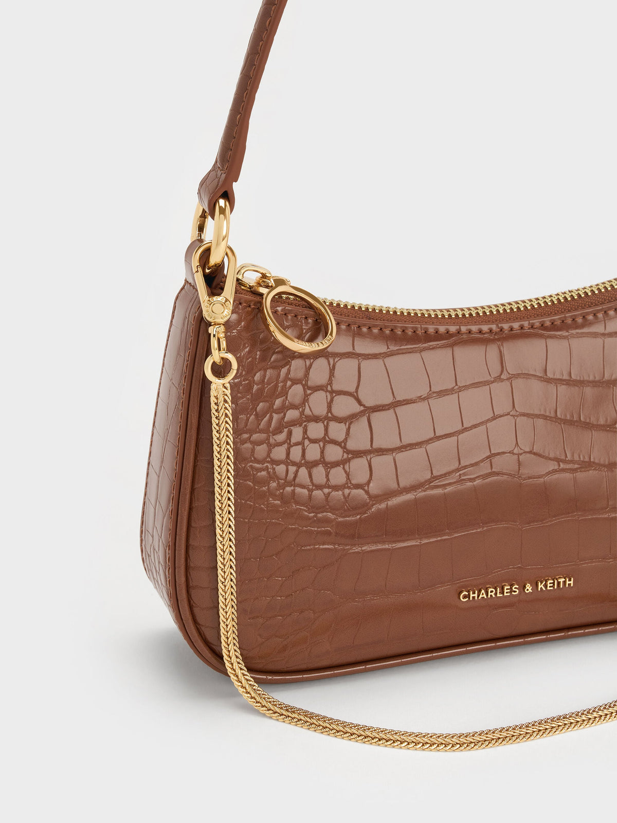 CHARLES & KEITH Value | Elspeth Croc-Effect Shoulder Bag - Chocolate Croco