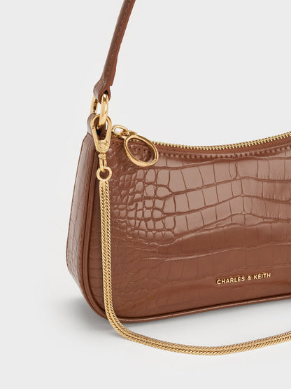 CHARLES & KEITH Value | Elspeth Croc-Effect Shoulder Bag - Chocolate Croco