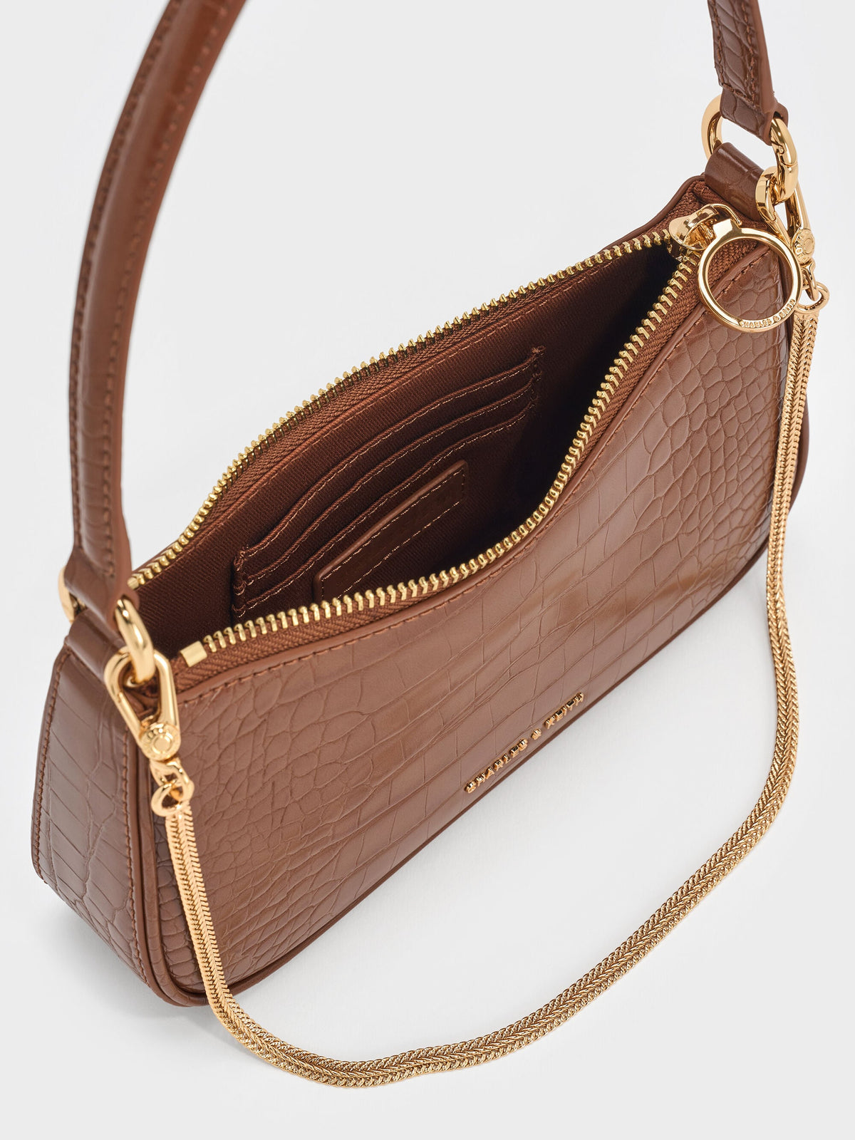 CHARLES & KEITH Value | Elspeth Croc-Effect Shoulder Bag - Chocolate Croco