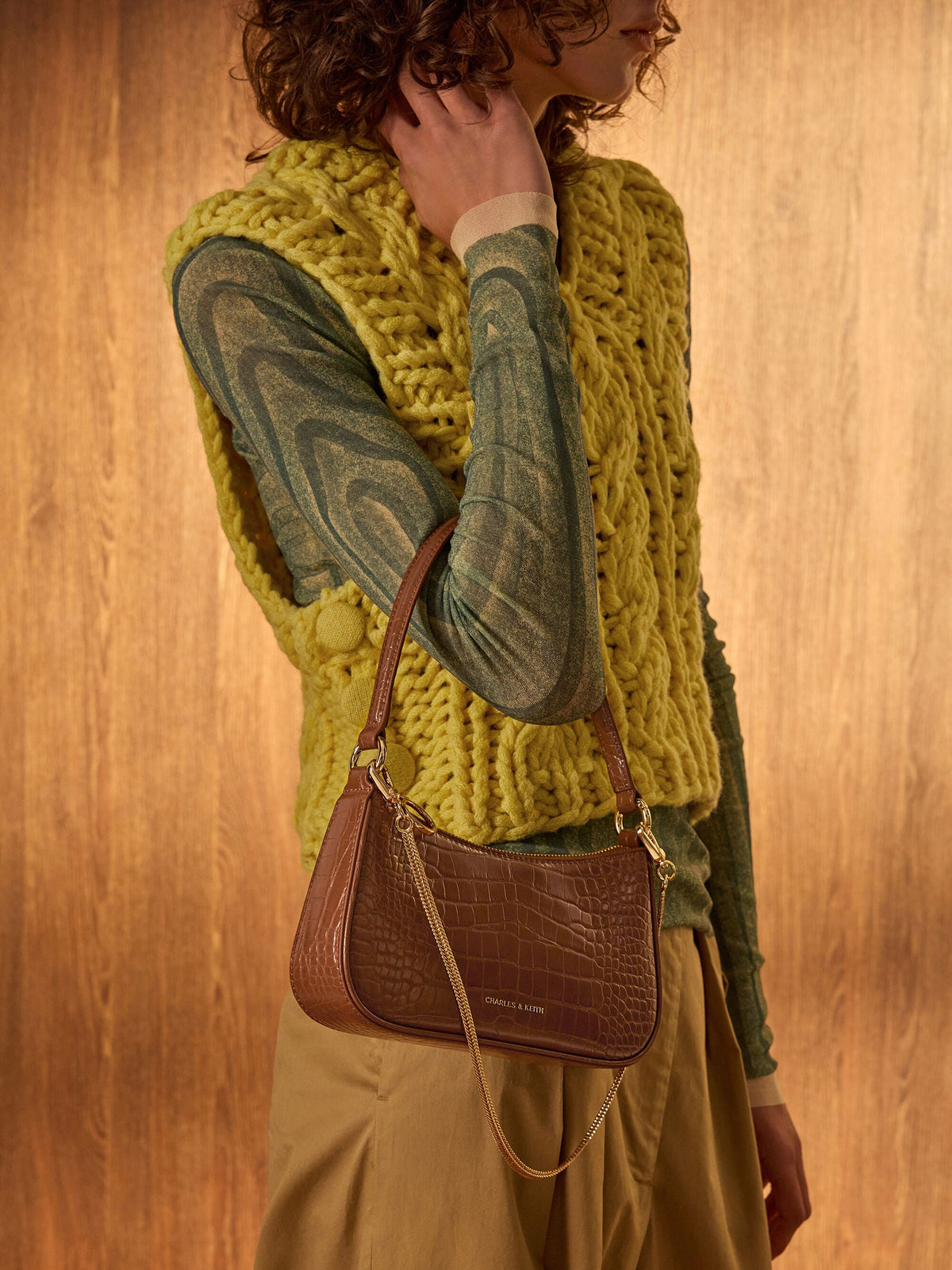 CHARLES & KEITH Value | Elspeth Croc-Effect Shoulder Bag - Chocolate Croco