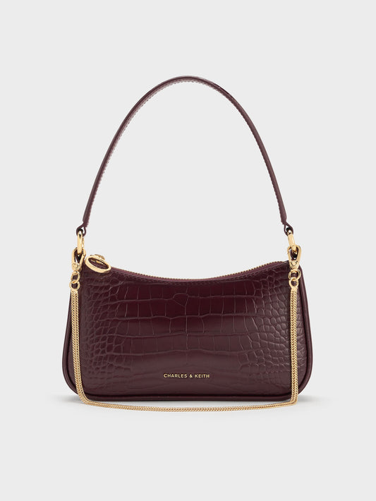 CHARLES & KEITH Trending | Elspeth Croc-Effect Chain-Link Shoulder Bag - Maroon Red Croco