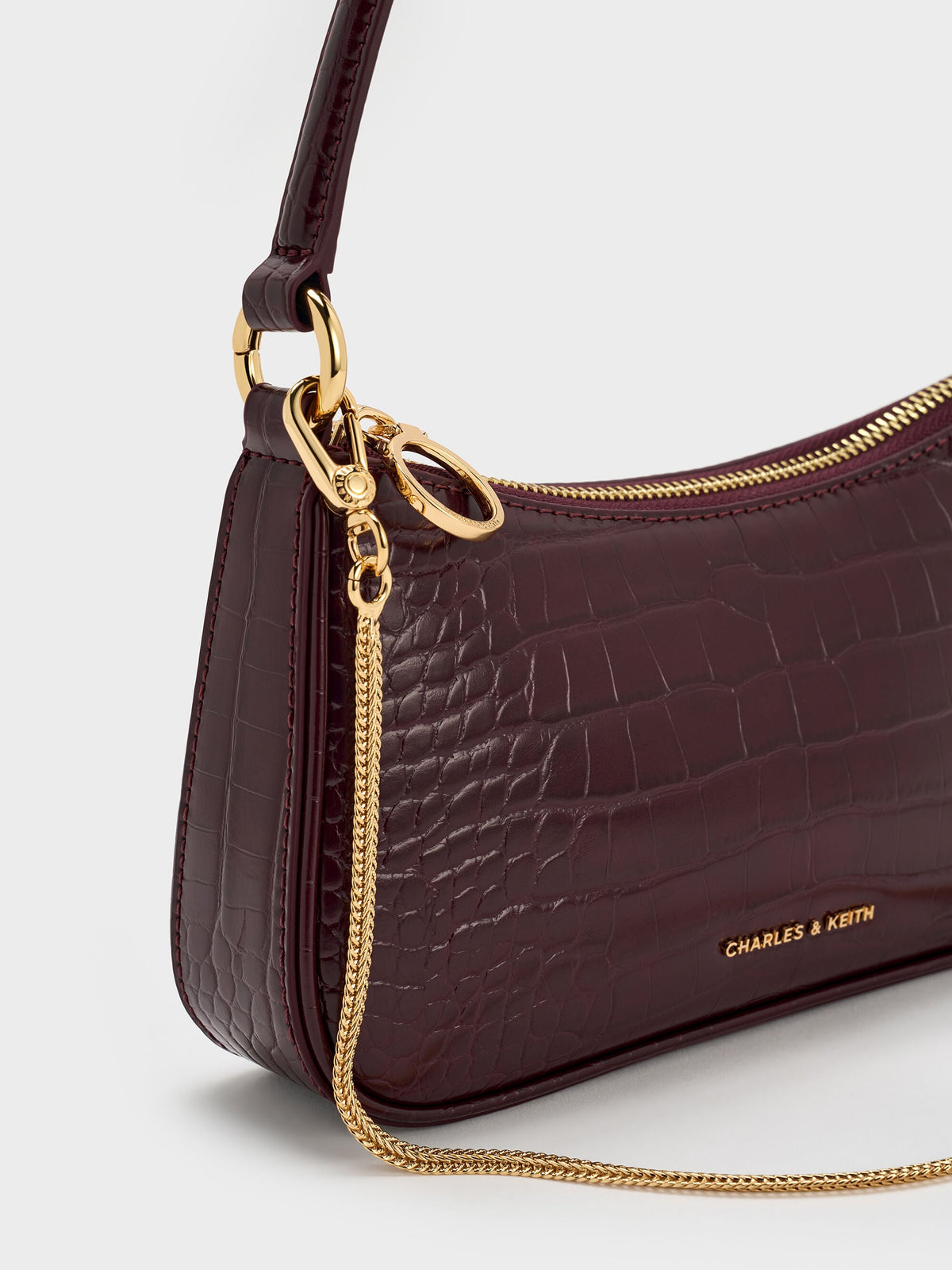 CHARLES & KEITH Trending | Elspeth Croc-Effect Chain-Link Shoulder Bag - Maroon Red Croco
